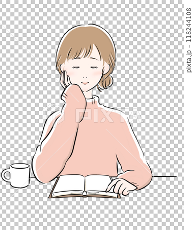 Woman reading coffee black main line pink knit 118244108