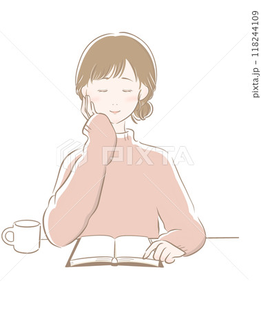女性 読書 コーヒー 主線茶色 ピンクニット 118244109