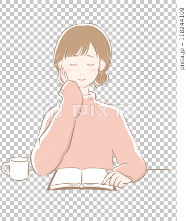 Woman reading coffee main line brown pink knit Woman reading coffee main line brown pink knit 118244109