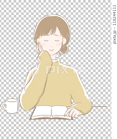 Woman reading coffee brown main line yellow knit 118244111