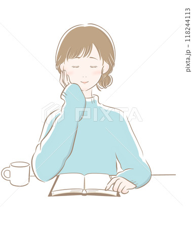 女性 読書 コーヒー 主線茶色 水色ニット 女性 読書 コーヒー 主線茶色 水色ニット 118244113