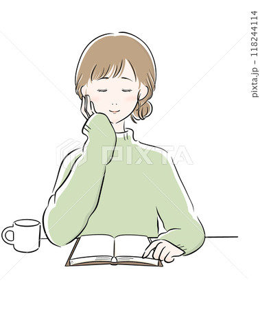 女性 読書 コーヒー 主線黒 緑ニット 女性 読書 コーヒー 主線黒 緑ニット 118244114