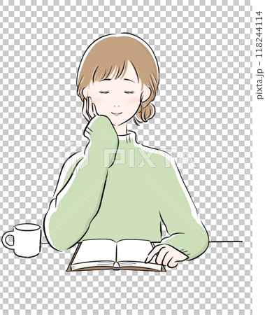 女性 読書 コーヒー 主線黒 緑ニット 女性 読書 コーヒー 主線黒 緑ニット 118244114