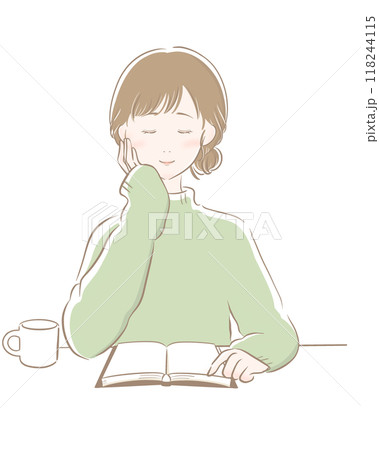 女性 読書 コーヒー 主線茶色 緑ニット 女性 読書 コーヒー 主線茶色 緑ニット 118244115