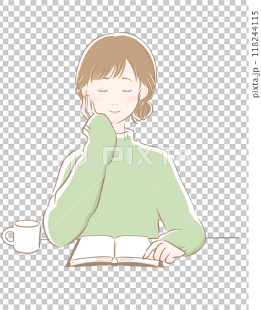女性 読書 コーヒー 主線茶色 緑ニット 女性 読書 コーヒー 主線茶色 緑ニット 118244115