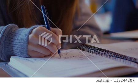 Close-up of a student writing in a notebook 118244207