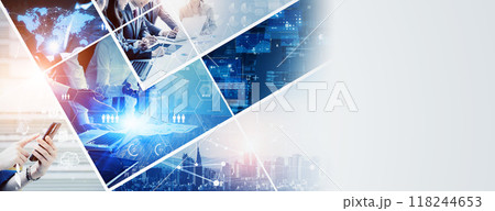 様々なビジネスシーンとテクノロジーイメージ　バナー・広告向け横長ビジュアル 118244653
