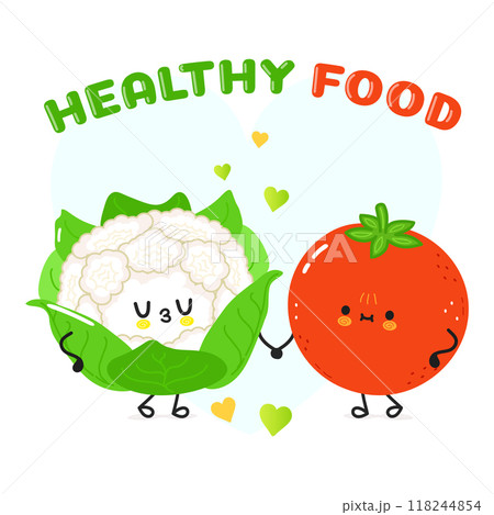 Cauliflower and tomato card. Vector hand drawn doodle style cartoon character illustration icon design. Happy Cauliflower and tomato friends concept card Cauliflower and tomato card. Vector hand drawn doodle style cartoon character illustration icon design. Happy Cauliflower and tomato friends concept card 118244854