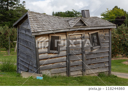 Crooked house for Halloween in Canadian farm. 118244860