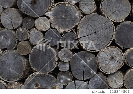 Pile of wood logs stored for winter.  118244861