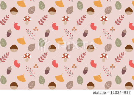 秋の背景パターン　落ち葉　くり　どんぐり　きのこ 118244937