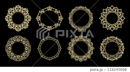 Set of decorative frames Elegant vector element for design in Eastern style, place for text. Floral black and golden borders. Lace illustration for invitations and greeting cards 118245098