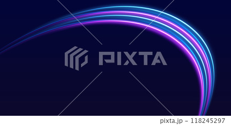 Lines in the shape of a comet against a dark background. Illustration of high speed concept. Motion light effect for banners. Curved light trail stretched upward. Fast speed car. 118245297