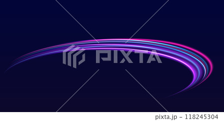 Speed police line. Laser beams, horizontal light rays. Magic shining neon light line trails. Purple glowing wave swirl, impulse cable lines. High speed effect motion blur night lights 118245304