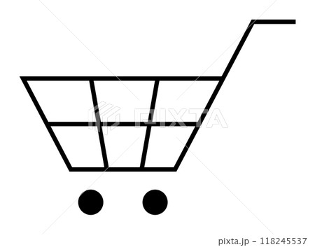 Simple black shopping cart with grid design and two wheels on a white background. Ideal for e-commerce, shopping, online store, retail, and grocery themes. 118245537
