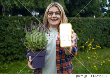 Gardening, greenery backyard garden concept. Young female gardener holding lavender plant and shows smart phone in backyard garden. 118245629