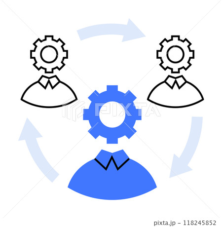 Three abstract figures with gear heads, representing collaboration. Ideal for teamwork, business strategy, workflow, organizational development, and efficiency. Clean vector style. 118245852