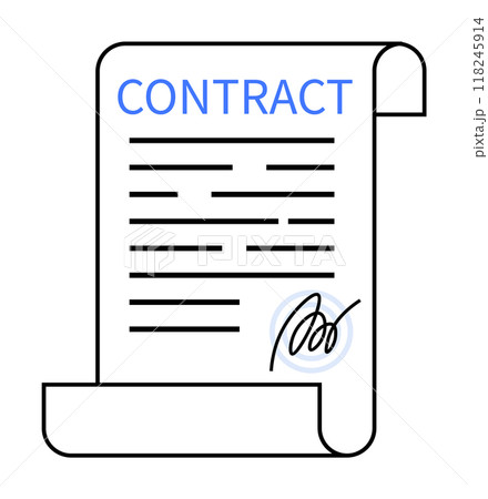 A scroll representing a contract, featuring text lines and a signature. Ideal for business, legal agreements, documentation, formal contracts, and office settings. Simplistic line art style. A scroll representing a contract, featuring text lines and a signature. Ideal for business, legal agreements, documentation, formal contracts, and office settings. Simplistic line art style. 118245914