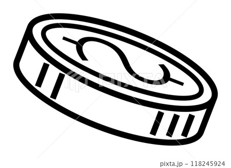 A black and white drawing of a coin with a dollar sign, angled slightly, on a white background. Ideal for finance, investment, money-related projects, economy, banking, and financial education. Minima 118245924