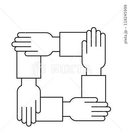 Four hands joining to form a square, illustrating unity and cooperation. Ideal for teamwork, collaboration, partnership, community, and support. Simple outlined style. Four hands joining to form a square, illustrating unity and cooperation. Ideal for teamwork, collaboration, partnership, community, and support. Simple outlined style. 118245999