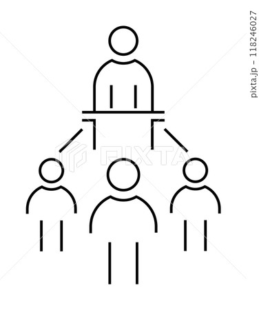 A minimalist line drawing depicts a leader at a desk connected to three subordinates below. Ideal for team structures, leadership dynamics, business organization, management principles, and corporate A minimalist line drawing depicts a leader at a desk connected to three subordinates below. Ideal for team structures, leadership dynamics, business organization, management principles, and corporate 118246027