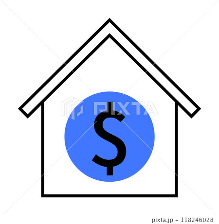 Black and white outlined house containing a blue circle with a dollar sign, symbolizing money and finance. Ideal for real estate, home economics, financial planning, mortgage loans, housing investment Black and white outlined house containing a blue circle with a dollar sign, symbolizing money and finance. Ideal for real estate, home economics, financial planning, mortgage loans, housing investment 118246028
