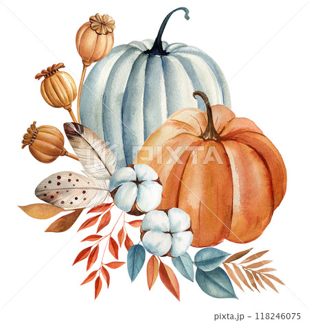 Pumpkins and leaves, Autumn floral clipart, Halloween element, fall watercolor illustration isolated on white background 118246075