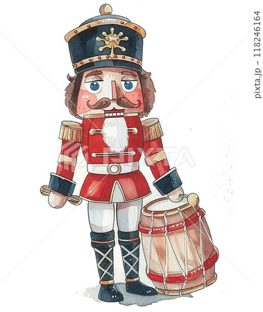 A red and black nutcracker with a mustache and a drum. The nutcracker is holding a drum in his right hand A red and black nutcracker with a mustache and a drum. The nutcracker is holding a drum in his right hand 118246164