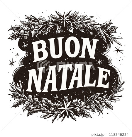 A black and white Christmas card with a white background and a black border. The card is titled "Buon Natale" and features a wreath of leaves and berries 118246224