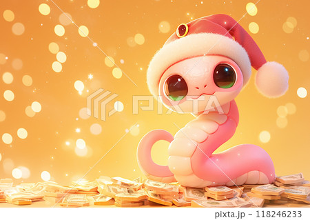 3D cartoon snake wearing a Santa hat and surrounded by gold coins. Scene is playful and festive, as the snake is dressed up for Christmas 2025 118246233