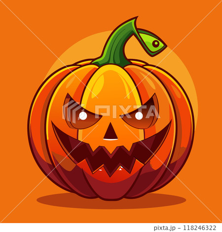 A cartoon pumpkin with a scary face and a green tag on the stem A cartoon pumpkin with a scary face and a green tag on the stem 118246322