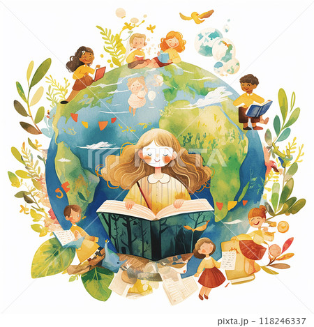 A girl is reading a book on a globe. The globe is surrounded by many children and adults. Scene is happy and educational 118246337