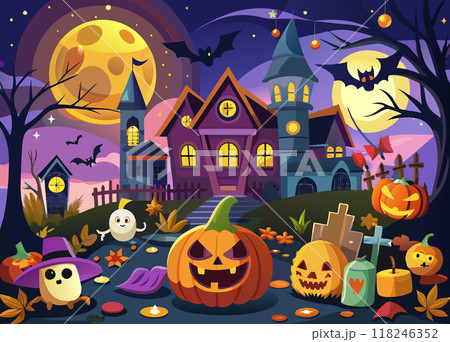 A Halloween scene with a castle, a witch, and bats. Scene is spooky and eerie A Halloween scene with a castle, a witch, and bats. Scene is spooky and eerie 118246352