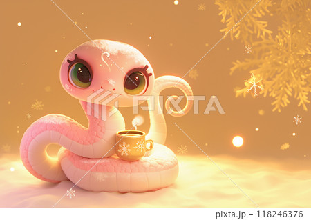 3D cartoon snake is holding a cup of coffee. The image has a warm and cozy feeling, as if the snake is enjoying a hot beverage on a cold day 118246376