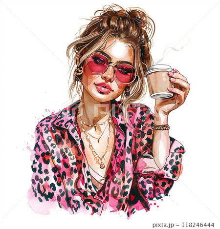 A woman in a pink jacket is talking on her cell phone. She is wearing a yellow purse and has a pair of yellow earrings A woman in a pink jacket is talking on her cell phone. She is wearing a yellow purse and has a pair of yellow earrings 118246444