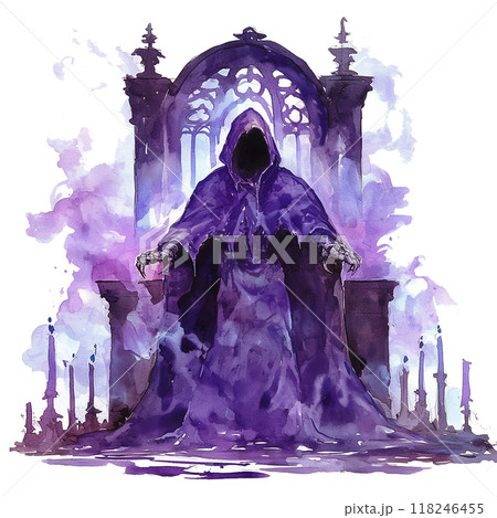 A dark figure in a purple robe stands in front...のイラスト素材 [118246455 ...