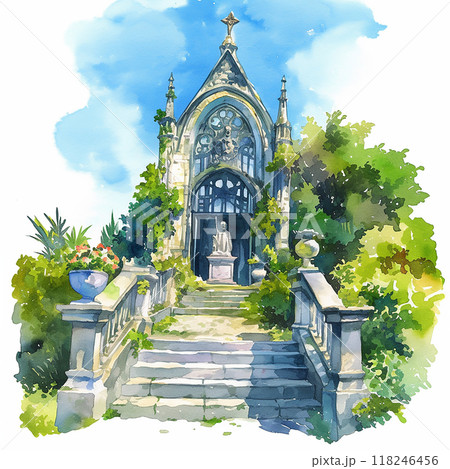 A church with a statue of a man in the middle of the steps. The steps are made of stone and lead up to the church. The sky is blue and the trees are green A church with a statue of a man in the middle of the steps. The steps are made of stone and lead up to the church. The sky is blue and the trees are green 118246456