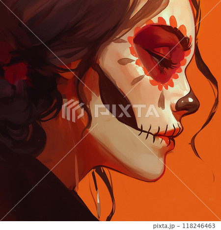 A woman with a skeleton face painted on her face. The painting is done in a very detailed and realistic manner A woman with a skeleton face painted on her face. The painting is done in a very detailed and realistic manner 118246463