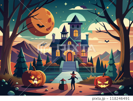A Halloween scene with a castle and a graveyard. The castle is surrounded by trees and there are pumpkins with scary faces on them. Scene is spooky and eerie A Halloween scene with a castle and a graveyard. The castle is surrounded by trees and there are pumpkins with scary faces on them. Scene is spooky and eerie 118246491