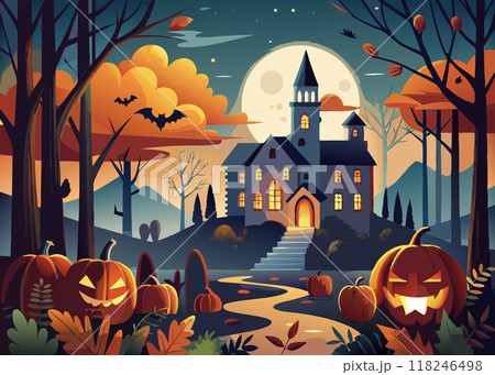 A Halloween scene with a castle and a graveyard. The castle is surrounded by trees and there are pumpkins with scary faces on them. Scene is spooky and eerie 118246498