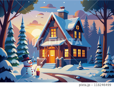 A cartoon drawing of a house with a snowman in front of it. The house is surrounded by trees and has a chimney. The snowman is holding a carrot and a stick. Scene is cozy and festive 118246499