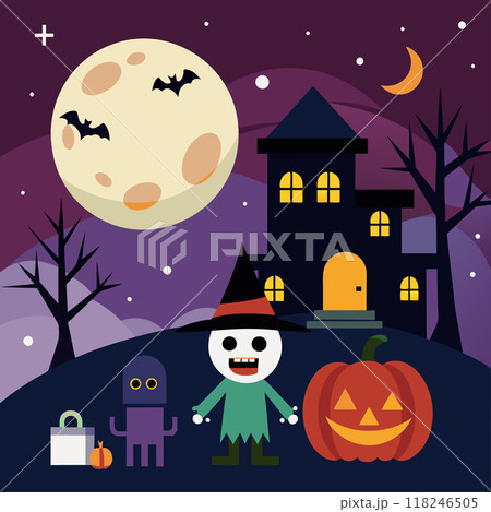 A Halloween scene with a castle, a witch, and bats. Scene is spooky and eerie 118246505