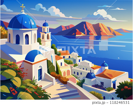 Greece painting of a small village with a blue church and a white house. The village is located near the ocean and has a peaceful, serene atmosphere 118246531