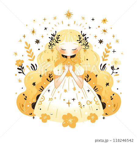 A girl with long blonde hair is sitting in a field of flowers. She is holding a flower in her hand and she is in a peaceful and serene state A girl with long blonde hair is sitting in a field of flowers. She is holding a flower in her hand and she is in a peaceful and serene state 118246542