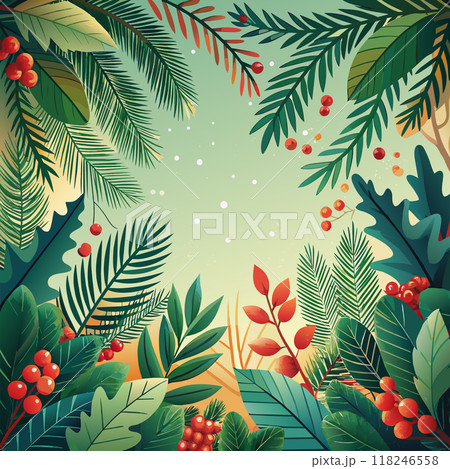 A green leafy forest Christmas wreath frame with red berries and a blue sky. The leaves are large and the berries are small 118246558