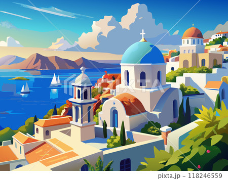 Greece painting of a small village with a blue church and a white house. The village is located near the ocean and has a peaceful, serene atmosphere Greece painting of a small village with a blue church and a white house. The village is located near the ocean and has a peaceful, serene atmosphere 118246559