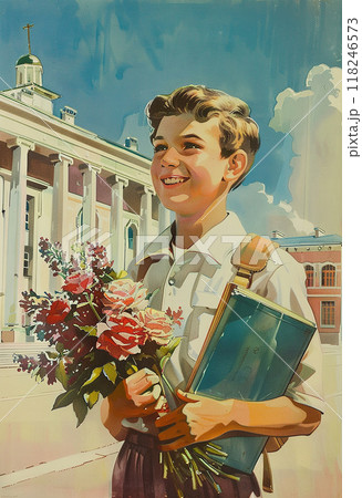 A young boy is holding a bouquet of flowers and a book. Soviet style 118246573