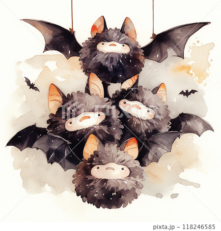 A group of four bat-like creatures are hanging from a rope. The creatures are all black and have big eyes. Scene is playful and whimsical A group of four bat-like creatures are hanging from a rope. The creatures are all black and have big eyes. Scene is playful and whimsical 118246585