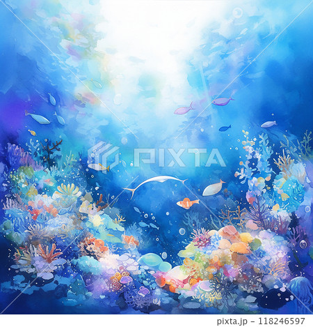 A painting of a coral reef with a variety of fish swimming around. The mood of the painting is peaceful and serene, as the fish are swimming in the clear blue water A painting of a coral reef with a variety of fish swimming around. The mood of the painting is peaceful and serene, as the fish are swimming in the clear blue water 118246597