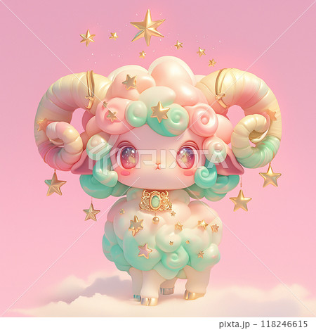 Zodiac sign aries cute cartoon ram with stars on its horns. The ram is sitting on a pink background 118246615